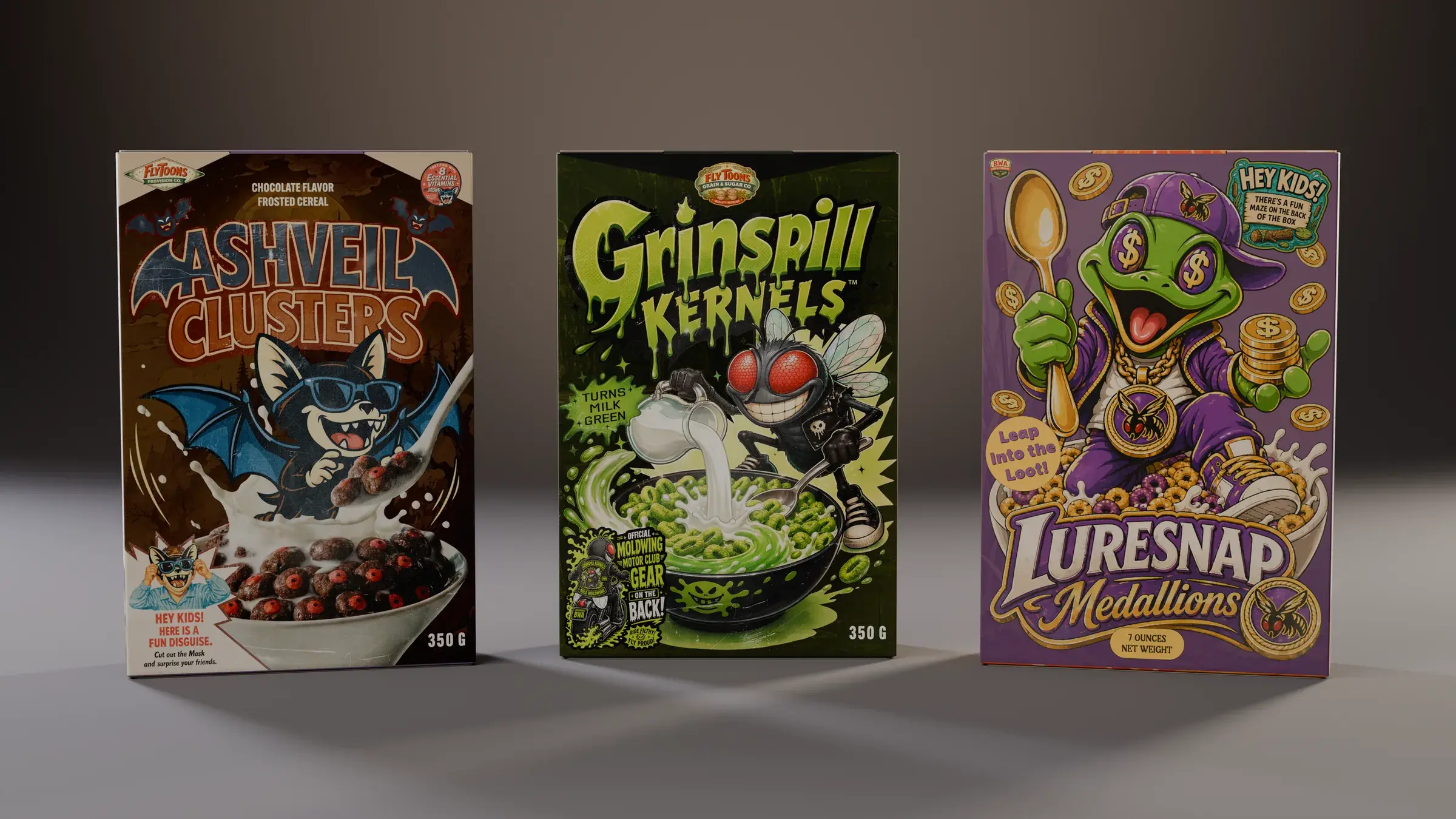 Three rendered cereal boxes side by side: Luresnap Medallions, Ashveil Clusters and Grinspill Kernels.