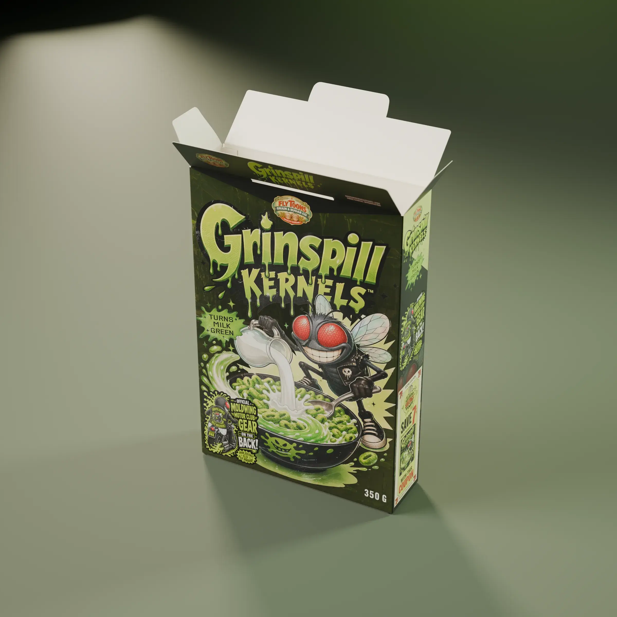 Grinspill Kernels box rendered with its top flaps open, on a moss green backdrop.